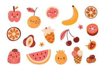 Sweet Summer Delights: A vibrant collection of fresh and delicious fruits and treats in a delightful illustrated display, perfect for conveying joy and the simple pleasures of summer.