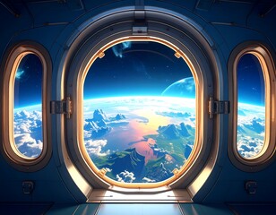 Fototapeta premium Spaceship porthole, Earth view