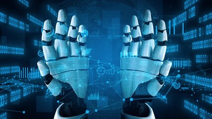 Captivating visual representation of robotic hands engaged in data analysis, showcasing digital elements like graphs and binary code in a futuristic setting. Xenic - Powered by Adobe