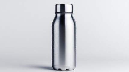 Studio shot featuring reusable steel water bottle adorned with condensation, copy space