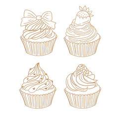 Set of hand-drawn cupcakes with line drawings for birthday menus, bakery, pastry shop posters, cards, and graphic design.