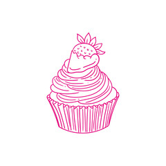 Hand-drawn illustration of a cupcake and , cute line art drawings, for birthday menus, bakery, pastry posters, cards, and graphic design.