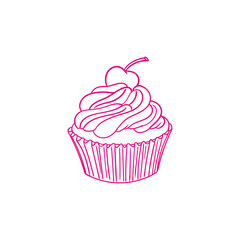 Hand-drawn illustration of a cupcake and , cute line art drawings, for birthday menus, bakery, pastry posters, cards, and graphic design.