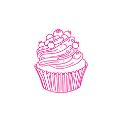 Hand-drawn illustration of a cupcake and , cute line art drawings, for birthday menus, bakery, pastry posters, cards, and graphic design.