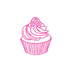 Hand-drawn illustration of a cupcake and , cute line art drawings, for birthday menus, bakery, pastry posters, cards, and graphic design.