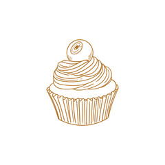 Hand-drawn illustration of a Halloween cupcake, cute line art drawings, for birthday menus, bakery, pastry, posters, cards, and graphic design.