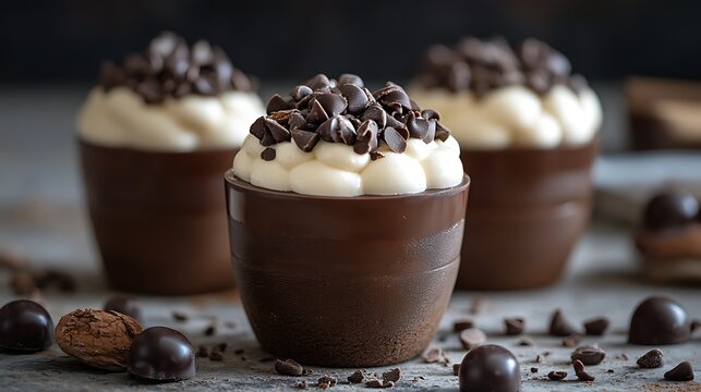 Chocolate dessert cups filled with cream and topped with dark chocolate chips. Elegant and rich sweet treat in moody setting. National Cream-Filled Chocolate Day celebration - Powered by Adobe