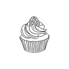 Hand-drawn illustration of a cupcake, cute lineart style drawings, for birthday menus, bakery, pastry shop posters, cards, and graphic design.