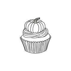 Hand-drawn illustration of a Halloween cupcake, cute line art drawings, for birthday menus, bakery, pastry, posters, cards, and graphic design.