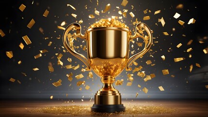 Golden Trophy with Sparkling Confetti, Ideal for Award Ceremony Posters, Winner Announcements, Sports Event Promotions, Social Media Graphics, and Success-Themed Ads
