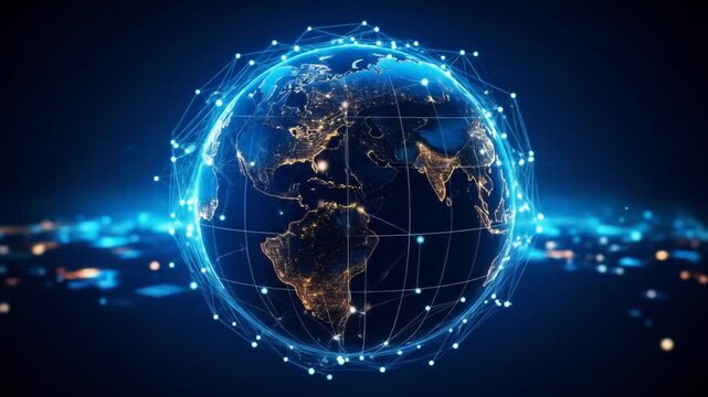 A digital rendering depicts Earth at night, surrounded by a network of glowing lines and nodes, suggesting global connectivity