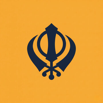 A bold graphic of the Sikh Khanda emblem &ndash; double-edged sword with chakkar (circle) and two kirpans &ndash; centered on a saffron orange background