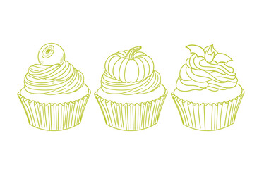Hand-drawn illustration set of a Halloween cupcake and , cute line art drawings, for birthday menus, bakery, pastry posters, cards, and graphic design.