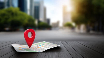 Location pin stands tall on map with urban background and sunlight in the evening
