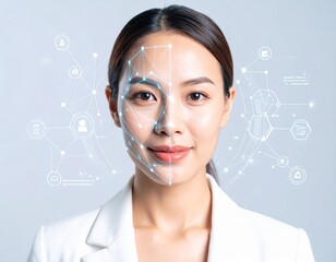 Asian woman with facial recognition technology overlayed on her face.