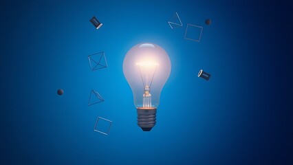 Lightbulb encircled by floating geometric shapes against a gradient blue sky, symbolizing innovation.