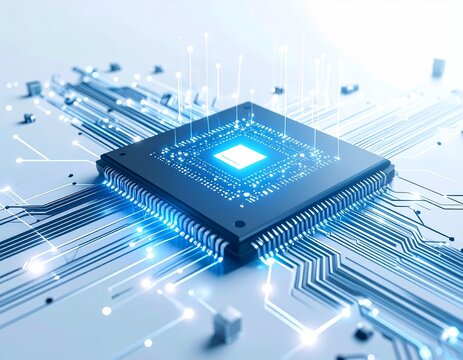 A close-up view of a glowing central processing unit, showcasing its intricate circuitry.