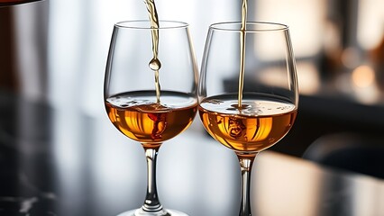 Two wine glasses with golden liquid pouring, elegant condensation on dark marble surface.