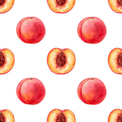 Peach fruit illustration, watercolor seamless pattern on white background. Hand drawn for scrapbooking, textile, wrapping, cover, paper, fabric.