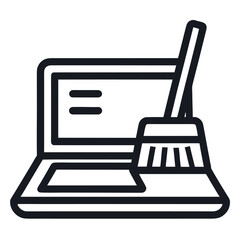 Person cleaning a laptop computer with a broom and dust