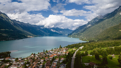 Aerial view of Interlaken, Switzerland with mountains, lakes and buildings