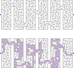 Vector labyrinth composed of 6 connected vertical rectangular mazes. Black and white riddle with entry and exit. Find the way through labyrinth puzzle.
