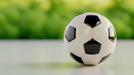 Fototapeta premium Classic soccer ball placed on white surface with blurred green grass field background, copy space
