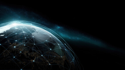 Connecting networks and data flow over the globe at night in a digital universe
