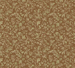 Hand-Drawn Floral and Vine Seamless Pattern on Brown