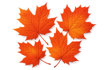 Four bright orange maple leaves falling against a transparent background, creating a vibrant autumnal scene