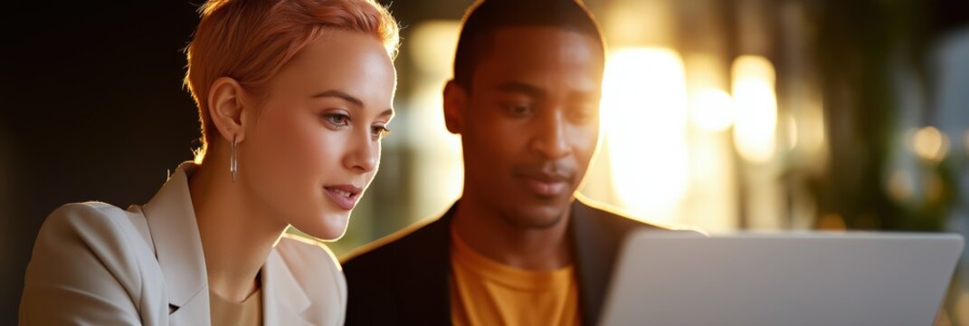 Focused collaboration between young asian female and young african male using laptop