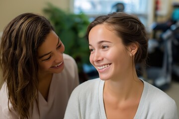 Fototapeta premium Smiling young women engaging in friendly conversation indoors