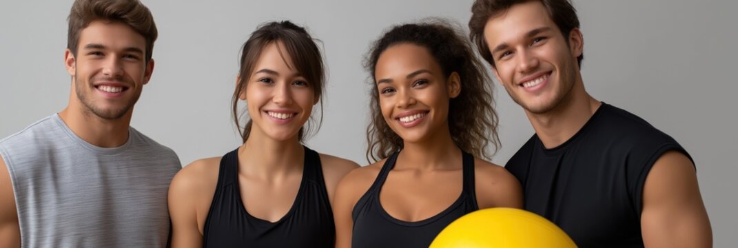 Group of diverse young adults smiling with fitness attire and exercise ball