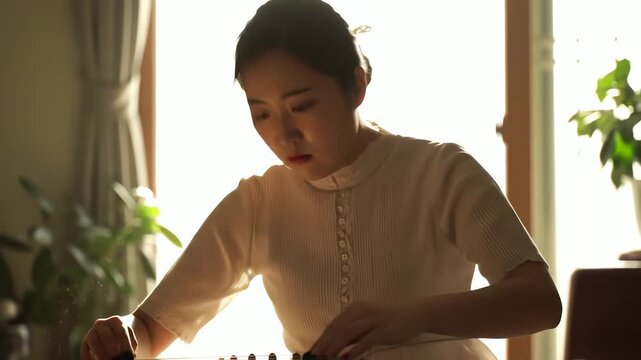 A focused Korean woman plays the traditional gayageum string instrument in a serene sunlit room at home.