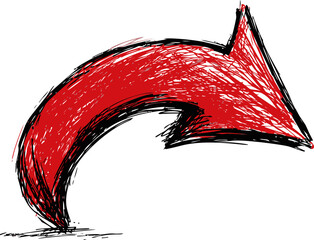 Curved red sketch arrow with black outline. Vector illustration