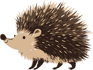 Cute illustration of a cartoon hedgehog with spiky brown fur, side view. Vector illustration
