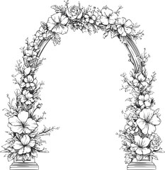 Ornate floral arch with detailed flower engravings and botanical design. Vector illustration