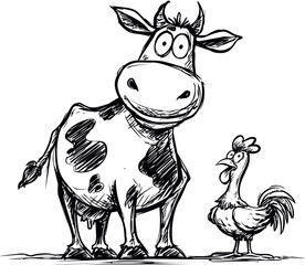 Cartoon cow and chicken in black and white sketch with humorous expressions. Vector illustration
