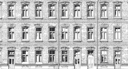 Detailed black and white illustration of old brick building facade with windows. Vector illustration