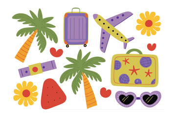Set of travel icons: a collection of summer-themed icons, including suitcase, plane, sunglasses, and flower, capturing the spirit of travel and exploration.