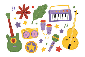 Melody of Instruments: A collection of illustrated musical instruments and decorative elements, capturing the essence of sound and creative expression. 