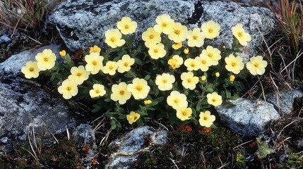 Vibrant Yellow Alpine Flowers Blooming Among Rocks