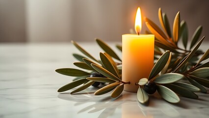 Glowing peace candle surrounded by olive leaves, a serene symbol for International Day of Peace.