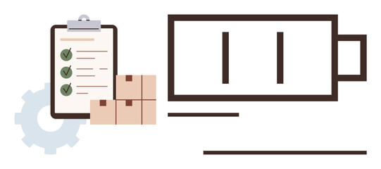 Checklist with green checks, three stacked boxes, gear silhouette, and battery icon. Ideal for logistics, inventory, productivity, workflow, efficiency manufacturing sustainability themes in simple