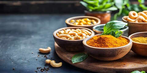 Assorted Spices and Nuts in Wooden Bowls Dark Background Food Photography