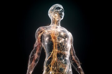 Digital rendering of a transparent human body showing muscles, veins, and arteries, representing anatomy, health, or medical information