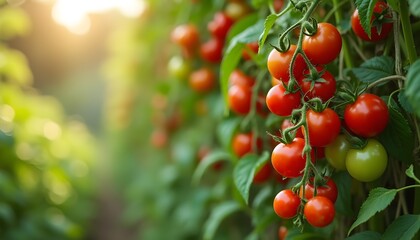 Tomatoes Growing on the Vine in Sunlit Garden
