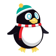Winter penguin with beanie hat. Vector