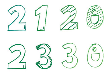 Digital Doodle Numbers: Hand-drawn green numbers 2, 1, 2, 0, 2, 3, 3, 0 showcase creative numerical design in a fun and expressive doodle style. 