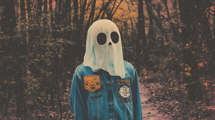 Retro 70s style ghost wearing faded blue denim jacket with patches floating in creepy forest, vintage color palette for halloween